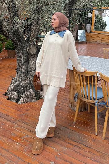 Beige Shirt Collar Long Arm Acrylic Knitwear Regular Trousers Comfortable Suit