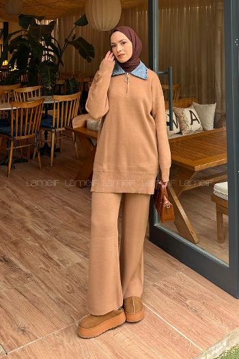 Lamelif Garnili Yaka Triko Takım Camel