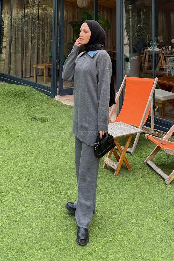 Lamelif Garnili Yaka Triko Takım Füme