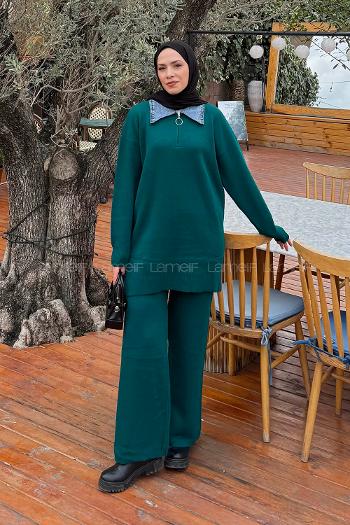 Lamelif Garnili Yaka Triko Takım Zümrüt Yeşili