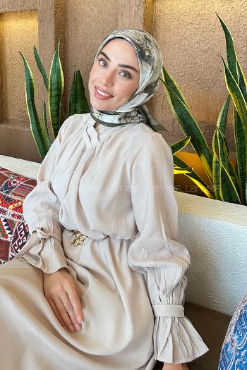 Lamelif Bohem Çiçek Desen Bambu Eşarp Asker Yeşili