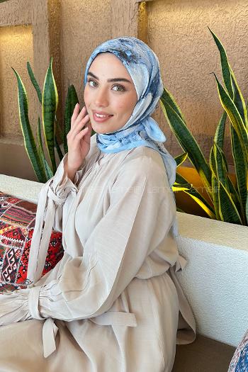 Lamelif Bohem Çiçek Desen Bambu Eşarp Bebe Mavisi