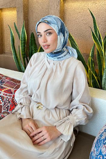 Lamelif Bohem Çiçek Desen Bambu Eşarp Gök Mavi