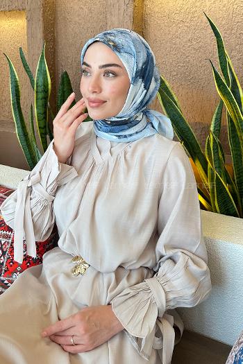 Lamelif Bohem Çiçek Desen Bambu Eşarp Gök Mavi