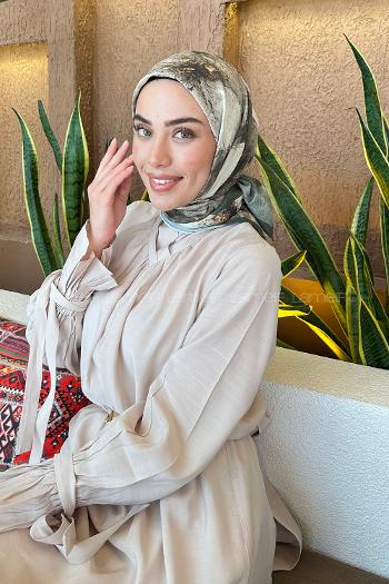 Lamelif Bohem Çiçek Desen Bambu Eşarp Haki