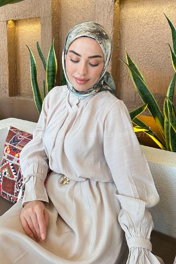 Lamelif Bohem Çiçek Desen Bambu Eşarp Haki