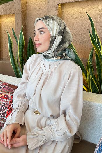 Lamelif Bohem Çiçek Desen Bambu Eşarp Haki