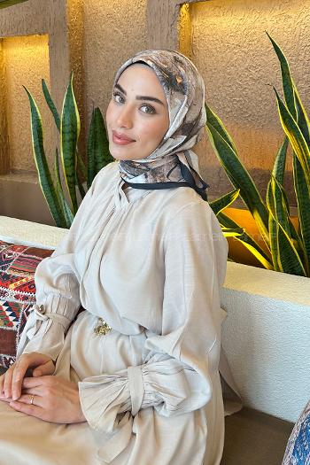 Lamelif Bohem Çiçek Desen Bambu Eşarp Siyah Vizon