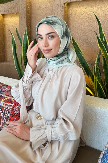 Lamelif Bohem Çiçek Desen Bambu Eşarp Su Yeşili