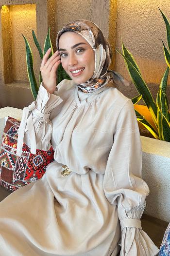 Lamelif Bohem Çiçek Desen Bambu Eşarp Sütlü Kahve