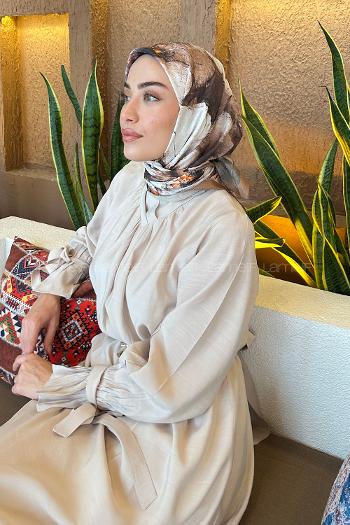 Lamelif Bohem Çiçek Desen Bambu Eşarp Sütlü Kahve