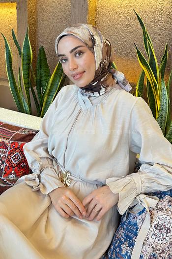 Lamelif Çiçek Desen Bambu Eşarp Camel