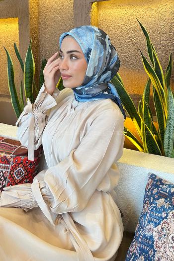 Lamelif Çiçek Desen Bambu Eşarp Gece Mavisi