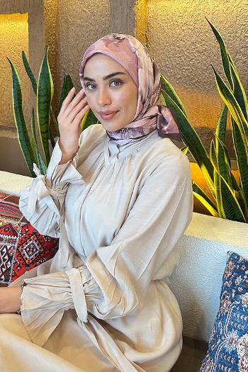 Lamelif Çiçek Desen Bambu Eşarp Gül Kurusu