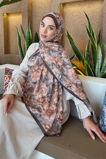 Lamelif Lotus Desen Bambu Şal Kahverengi