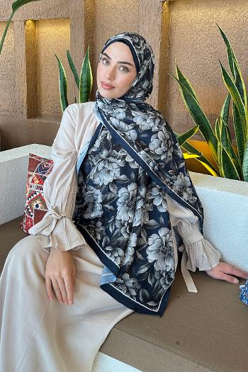 Lamelif Lotus Desen Bambu Şal Lacivert