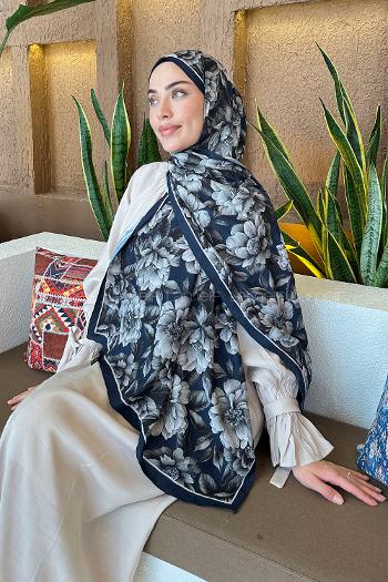 Lamelif Lotus Desen Bambu Şal Lacivert