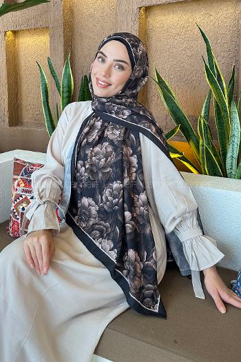 Lamelif Lotus Desen Bambu Şal Siyah Kahverengi