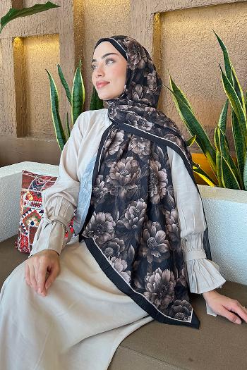 Lamelif Lotus Desen Bambu Şal Siyah Kahverengi