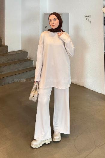 Beige Crew Neck Long Arm Cotton Regular Trousers Comfortable Suit