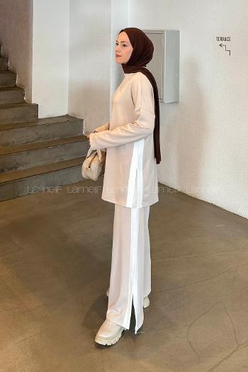 Beige Crew Neck Long Arm Cotton Regular Trousers Comfortable Suit