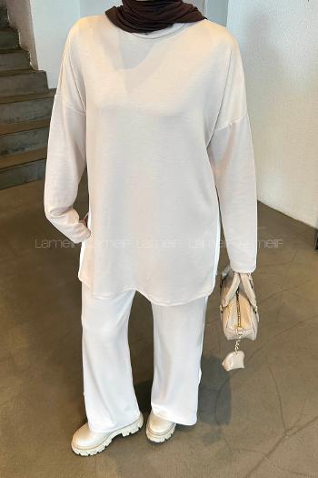 Beige Crew Neck Long Arm Cotton Regular Trousers Comfortable Suit