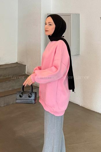 Lamelif Jasmin Bisiklet Yaka Oversize Sweat Şeker Pembe