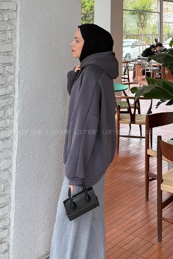 Lamelif Kapşonlu Oversize Yan Cepli Sweat Antrasit