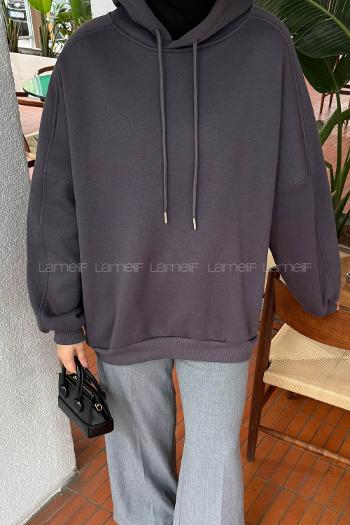 Lamelif Kapşonlu Oversize Yan Cepli Sweat Antrasit