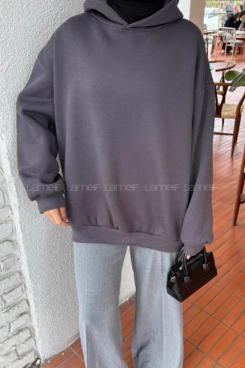 Lamelif Kapüşonlu Salaş Sweatshirt Antrasit