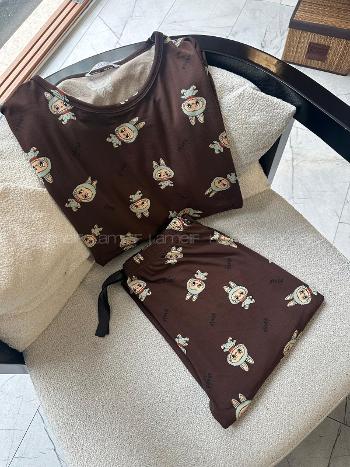 Lamelif  Labubu Desenli Pijama Takımı Kahve