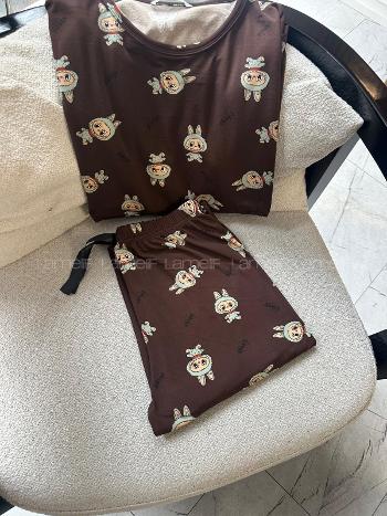 Lamelif  Labubu Desenli Pijama Takımı Kahve