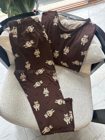 Lamelif  Labubu Desenli Pijama Takımı Kahve