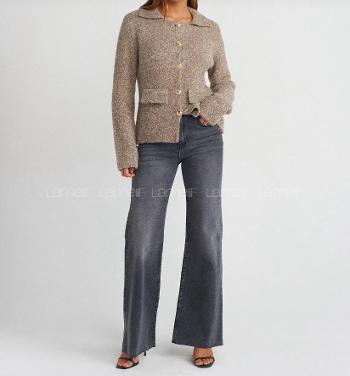 Lamelif Dilvin Polo Yaka Düğmeli Cep Detaylı Triko Hırka-Vizon