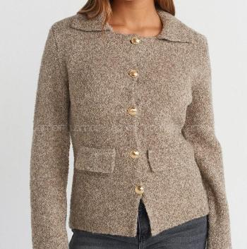 Lamelif Dilvin Polo Yaka Düğmeli Cep Detaylı Triko Hırka-Vizon