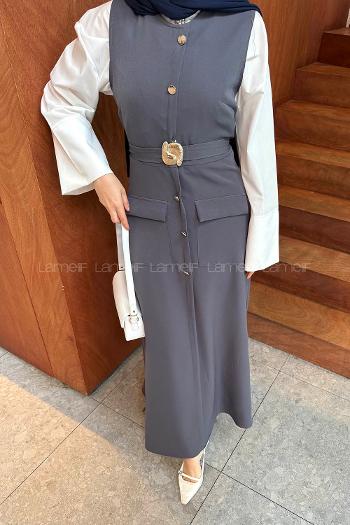 Lamelif Düğme Detaylı Elbise Antrasit