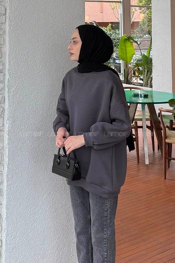 Lamelif Jasmin Bisiklet Yaka Oversize Sweat Antrasit
