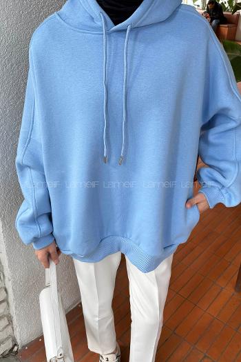 Lamelif Kapşonlu Oversize Yan Cepli Sweat Bebe Mavisi