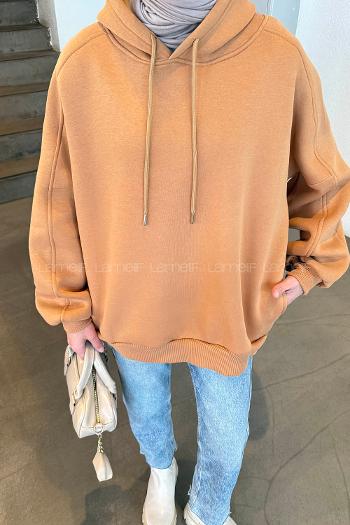 Lamelif Kapşonlu Oversize Yan Cepli Sweat Camel