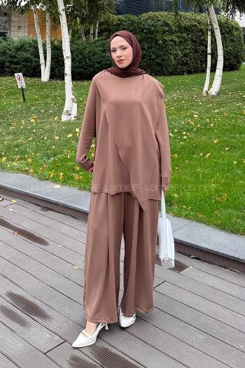 Lamelif Pelerinli Tesettür Takım Soft Kahve