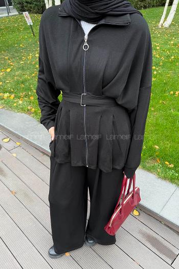 Lamelif Pile Detaylı Takım Siyah