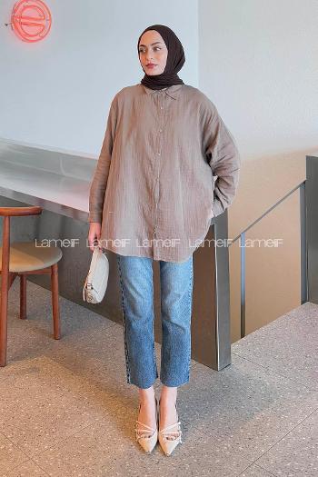 Lamelif Müslin Tesettür Gömlek Soft kahve