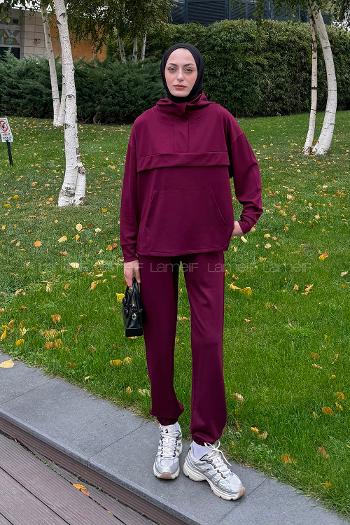 Lameli Kanguru Cep Modal Takım Bordo