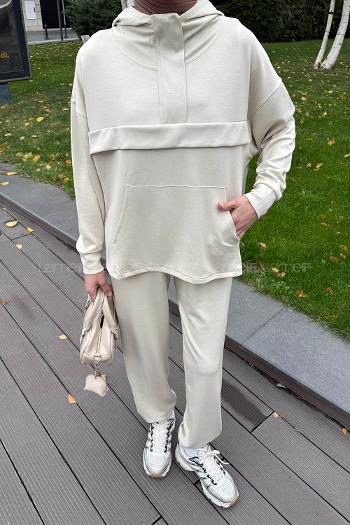 Cream Hood Neck Long Arm Modal Regular Trousers Comfortable Suit