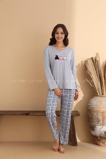 Lamelif Bisiklet Yaka Ayıcık Desenli Pijama Takımı Gri