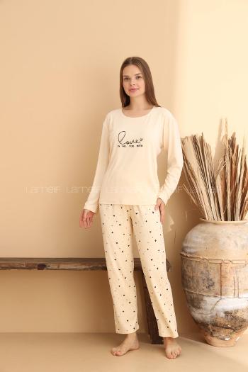 Lamelif Bisiklet Yaka Bamboo Kumaş Pijama Takımı Krem
