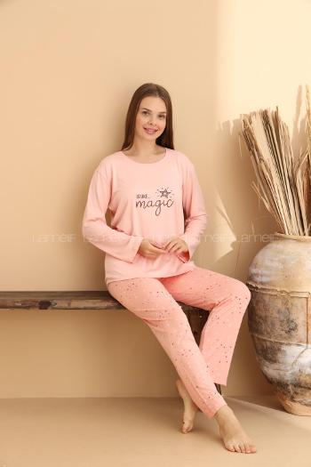 Lamelif Bisiklet Yaka Yazı Baskılı Pijama Takımı Pembe
