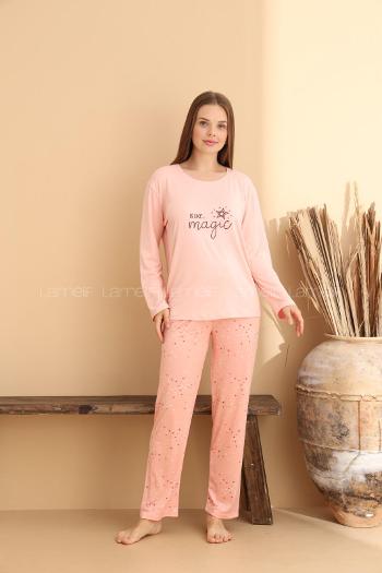 Lamelif Bisiklet Yaka Yazı Baskılı Pijama Takımı Pembe