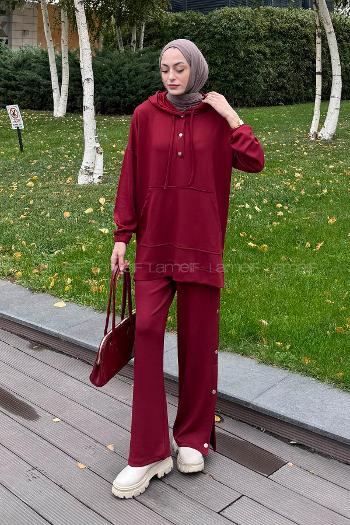Lamelif Düğme Detaylı İkili Tesettür Takım Bordo