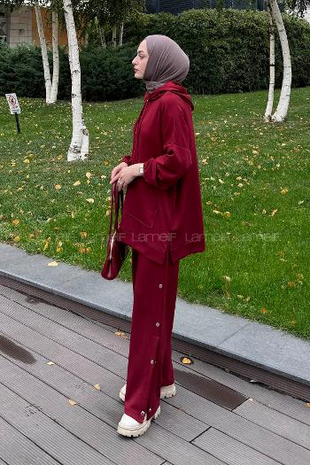 Lamelif Düğme Detaylı İkili Tesettür Takım Bordo